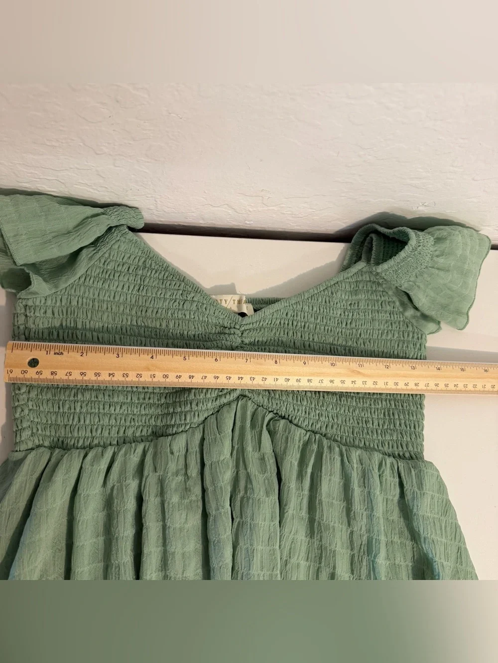 Thirty Thirty LA Sage Green Off Shoulder Smocked Tiered Ruffle Mini Dress M